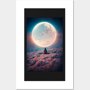 Astronaut sitting on clouds in front of moon Posters and Art